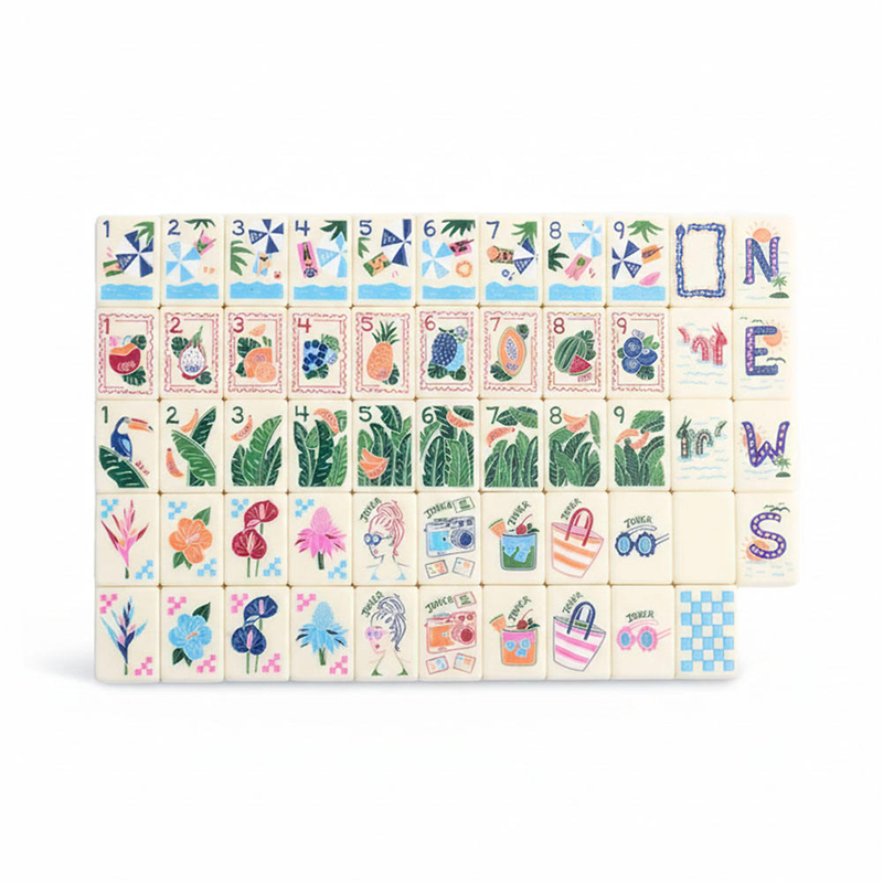 Tropical Vacation Style Mahjong Set 166 Tiles Unique Illustrated Pineapple Flamingo Melamine Mahjong Tiles for Summer Party