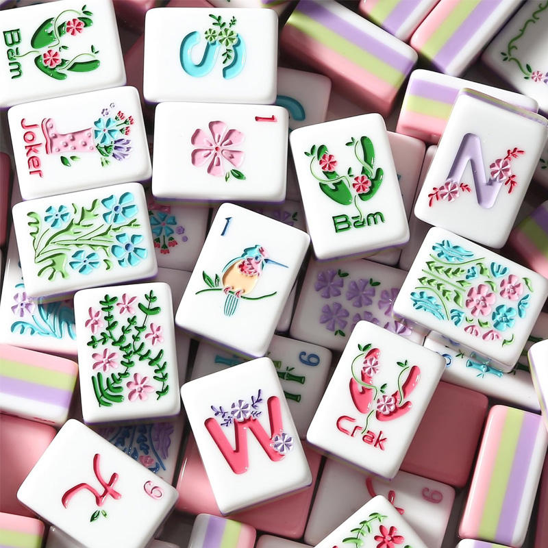Custom Pink Acrylic American Mahjong Set 4 Layers Hand Painted Garden Flowers Bam Crak Dots Luxury Gift