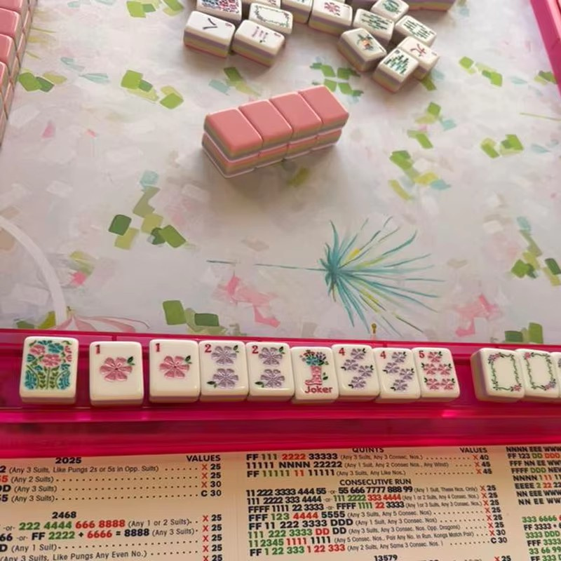 Custom Pink Acrylic American Mahjong Set 4 Layers Hand Painted Garden Flowers Bam Crak Dots Luxury Gift