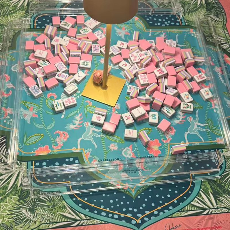Custom Pink Acrylic American Mahjong Set 4 Layers Hand Painted Garden Flowers Bam Crak Dots Luxury Gift