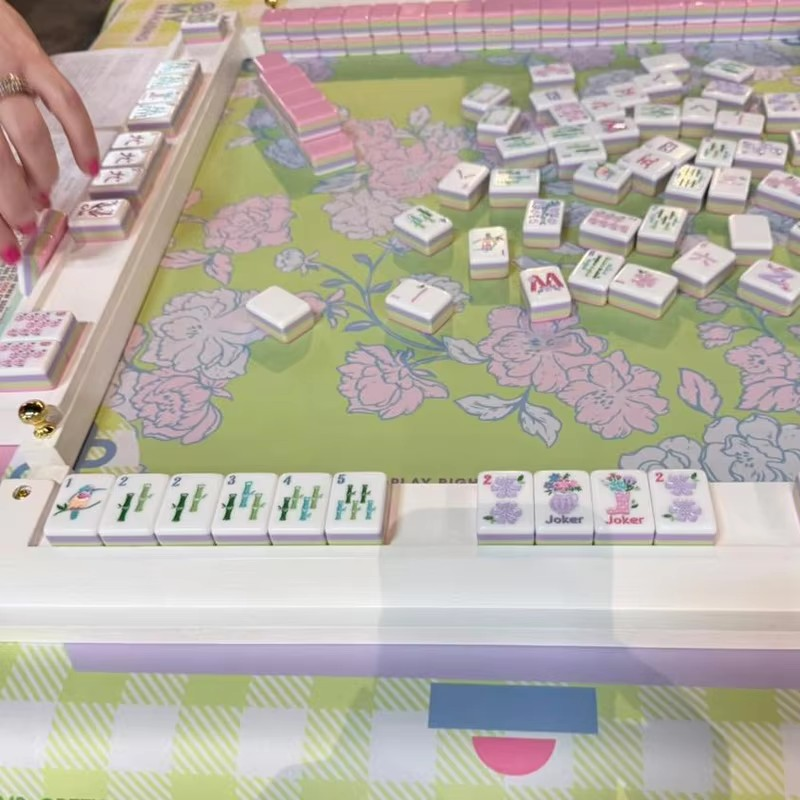Custom Pink Acrylic American Mahjong Set 4 Layers Hand Painted Garden Flowers Bam Crak Dots Luxury Gift
